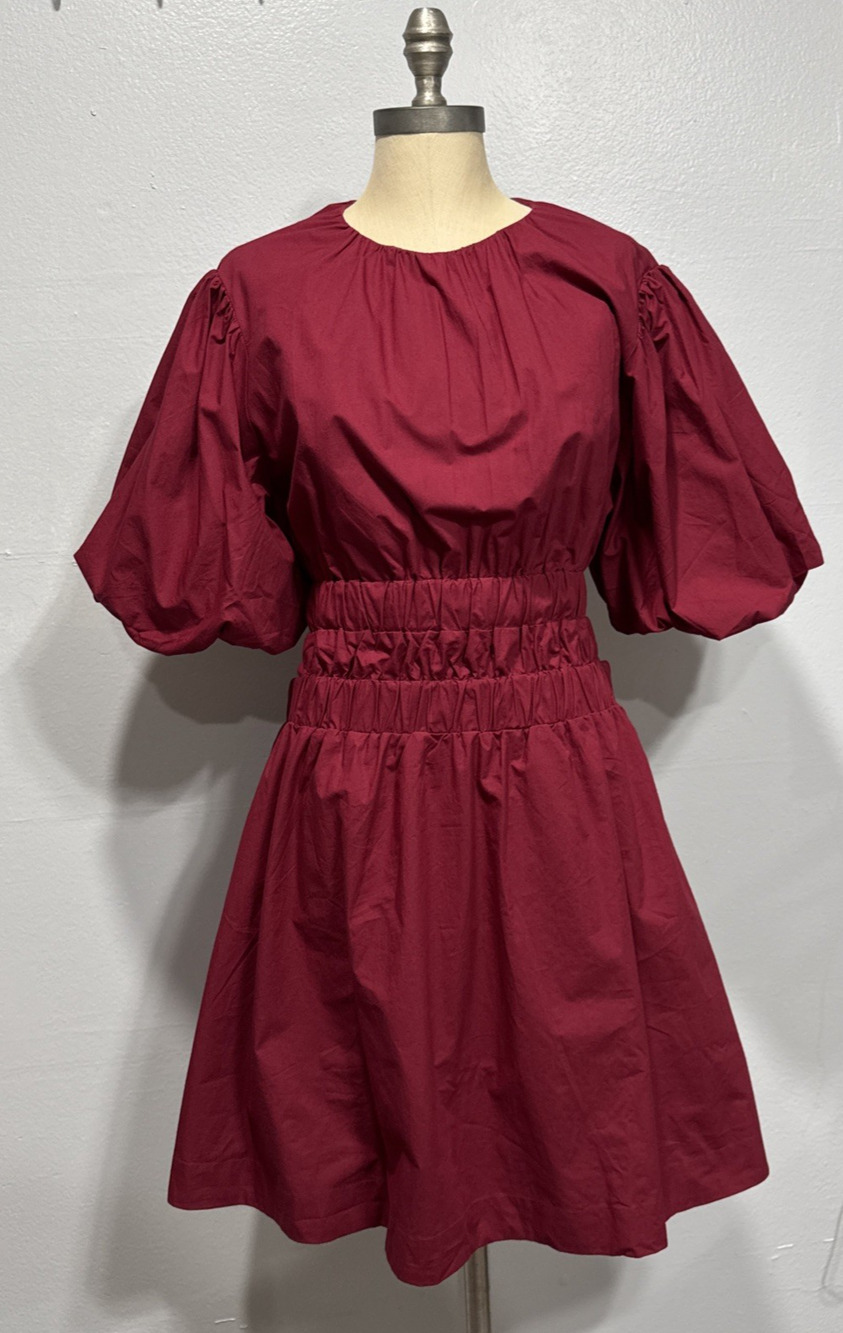 SIR The Label Dion Open Back Mini Dress Sz 4 US 10 Puff Sleeve Ties Elastic Plum